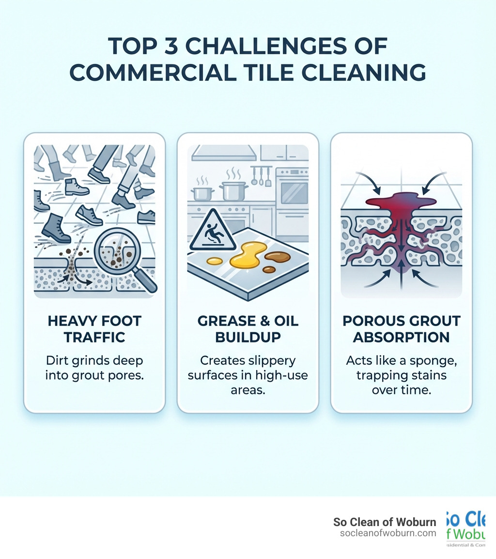 Infographic showing the top 3 challenges of commercial tile cleaning: heavy foot traffic causing dirt to grind into grout pores, grease and oil buildup in high-use areas like kitchens creating slippery surfaces, and porous grout acting like a sponge to absorb and trap stains over time - commercial tile cleaner infographic 