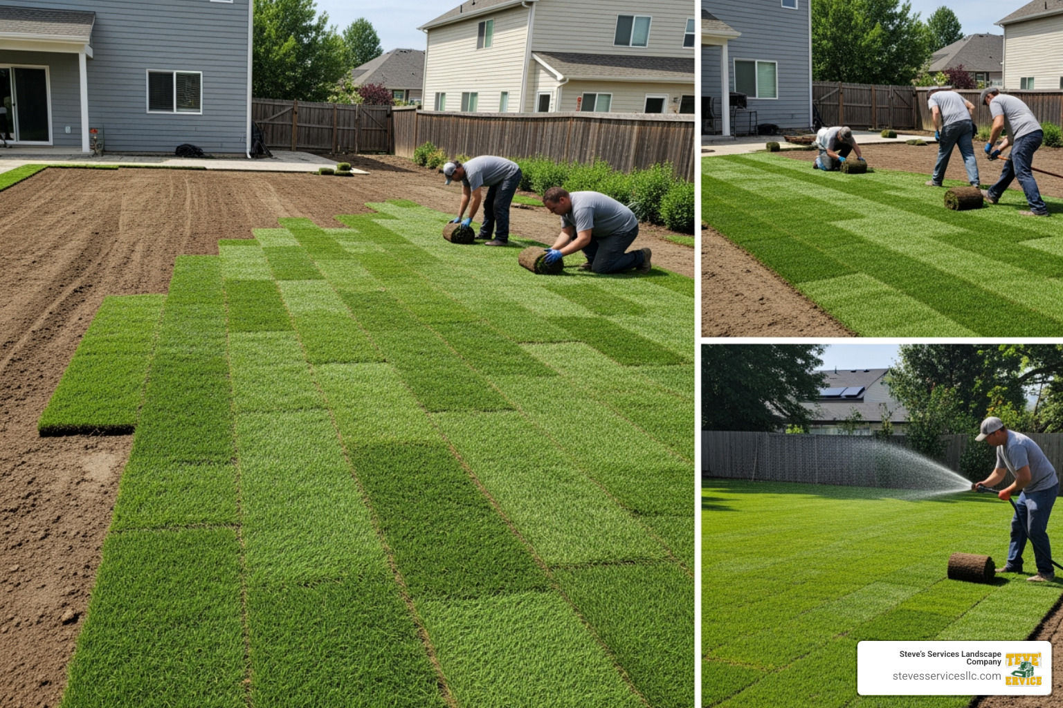 Infographic showing the sod installation process: 1) Site preparation and grading with removal of old grass and debris, 2) Soil amendment and leveling to proper grade, 3) Fresh sod delivery and installation in staggered brick pattern, 4) Rolling for soil contact, 5) Immediate watering schedule for first two weeks, 6) Root establishment and lawn ready for use in 3-4 weeks - sod installation services