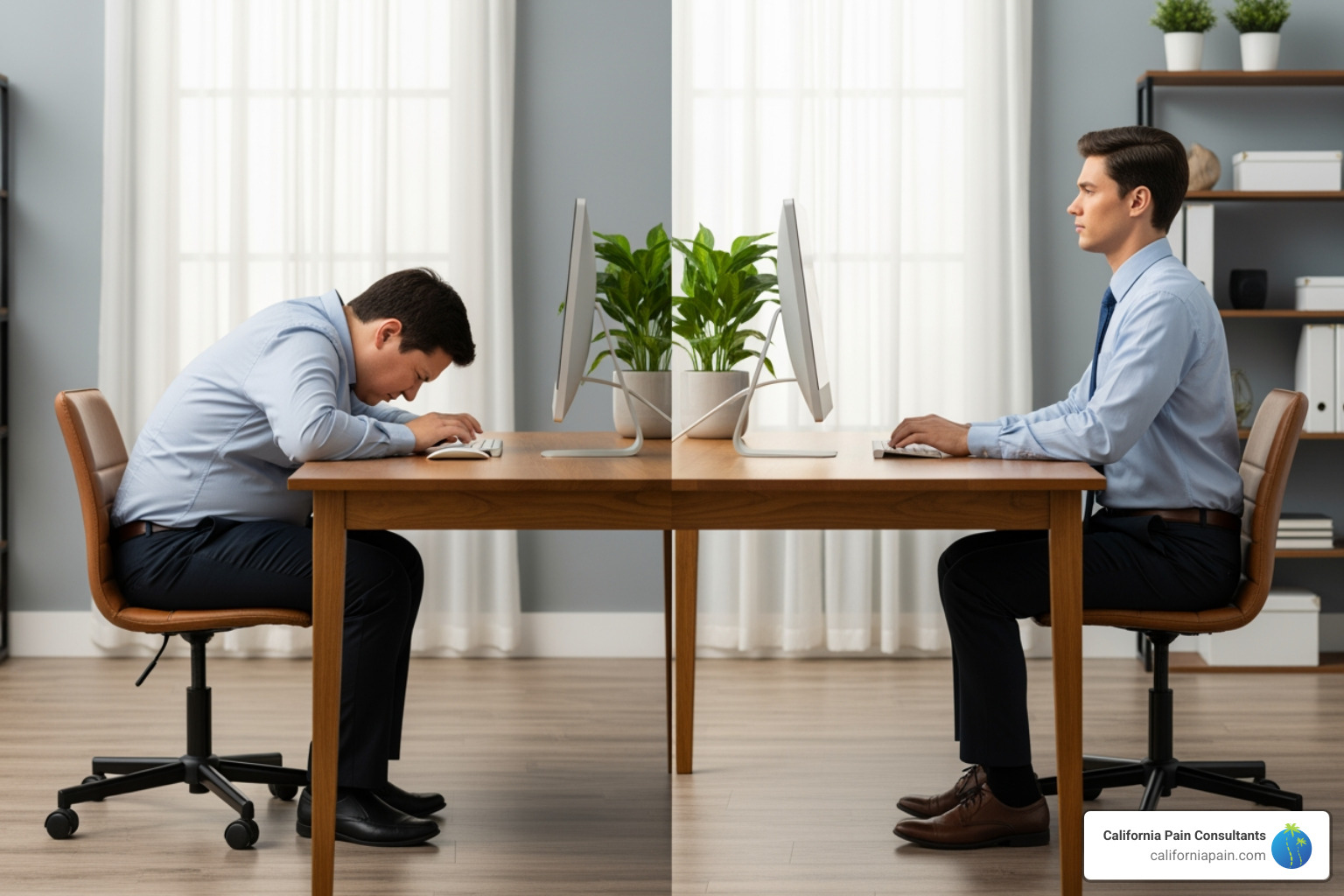 correct and incorrect sitting posture at a desk - cure for bad back