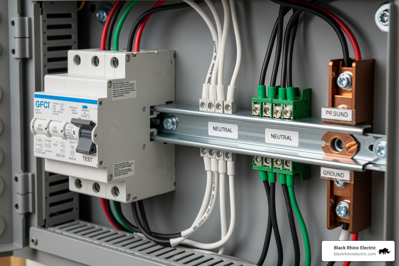 wires being connected inside a spa disconnect panel, showing the GFCI breaker, neutral bar, and ground bar - wire a hot tub 240v