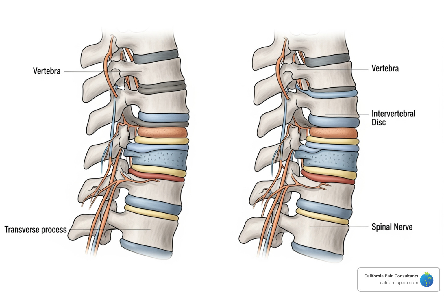 human spine highlighting vertebrae, discs, and nerves - cure for bad back