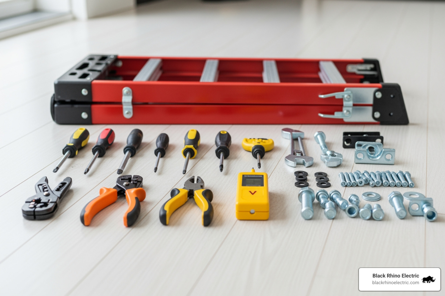 Image of necessary tools for ceiling fan installation laid out neatly on a clean floor, including screwdrivers, wire strippers, pliers, a voltage tester, a ladder, and mounting hardware - Ceiling fan installation Layton