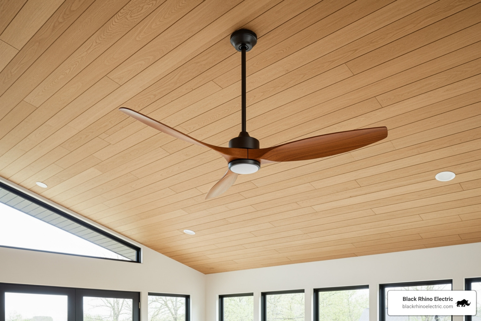 Image of a ceiling fan installed on a sloped or angled ceiling, with a longer downrod for proper clearance - Ceiling fan installation Layton