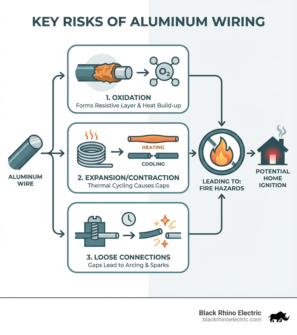 infographic explaining the key risks of aluminum wiring: oxidation, expansion/contraction, and loose connections leading to fire hazards - aluminum wiring repair infographic 