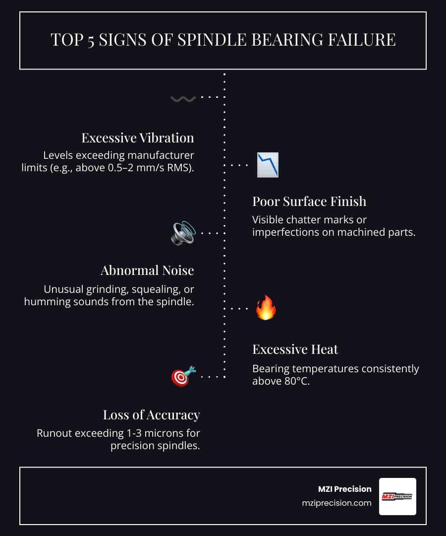 INFOGRAPHIC SHOWING THE TOP 5 SIGNS OF SPINDLE BEARING FAILURE: 1) EXCESSIVE VIBRATION WITH LEVELS EXCEEDING MANUFACTURER LIMITS, 2) POOR SURFACE FINISH WITH VISIBLE CHATTER MARKS ON MACHINED PARTS, 3) ABNORMAL NOISE INCLUDING GRINDING OR SQUEALING SOUNDS, 4) EXCESSIVE HEAT WITH BEARING TEMPERATURES ABOVE 80°C, 5) LOSS OF ACCURACY WITH RUNOUT EXCEEDING 1-3 MICRONS FOR PRECISION SPINDLES - SPINDLE BEARING REPLACEMENT INFOGRAPHIC INFOGRAPHIC-LINE-5-STEPS-DARK