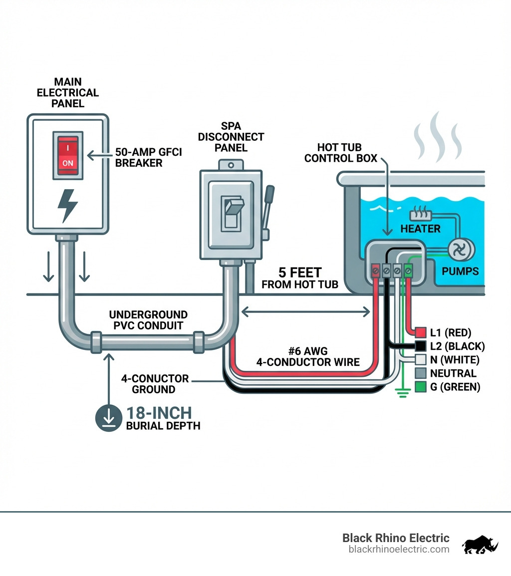 Detailed infographic showing the complete 240V hot tub electrical system layout including main electrical panel with 50-amp GFCI breaker, underground PVC conduit run with 18-inch burial depth, spa disconnect panel mounted 5 feet from hot tub, #6 AWG 4-conductor copper wire path, and hot tub control box connections with color-coded wires labeled - wire a hot tub 240v infographic 