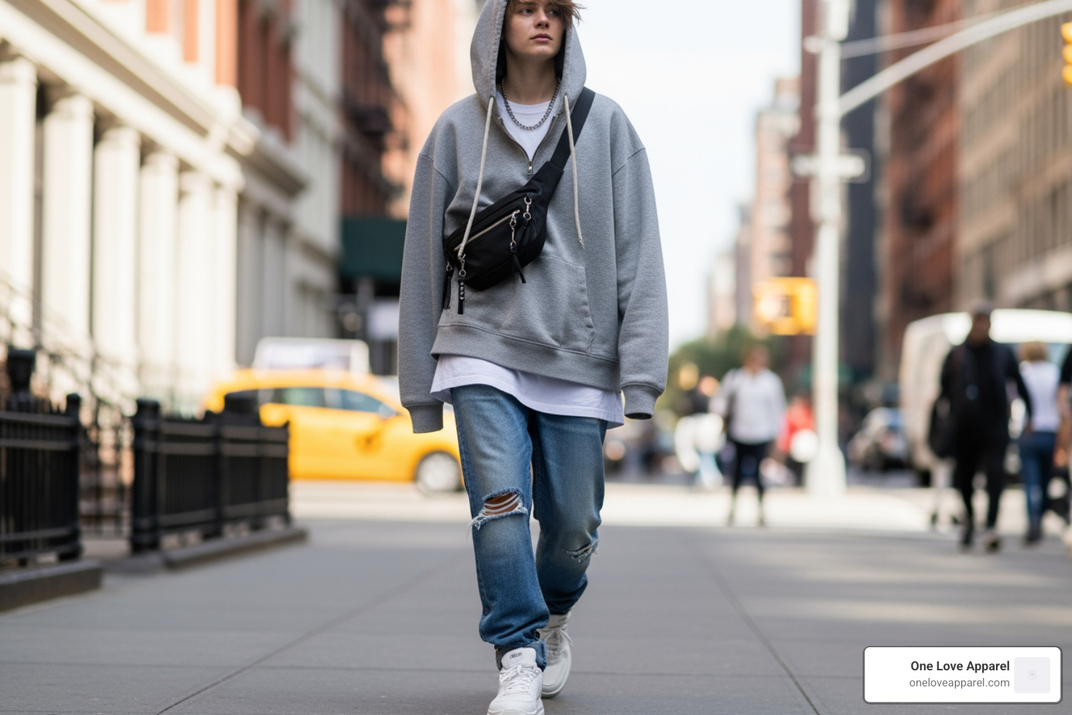 person wearing an oversized hoodie from One Love Apparel as part of a chic street-style outfit - comfortable oversized hoodies person wearing an oversized hoodie from One Love Apparel as part of a chic street-style outfit - comfortable oversized hoodies