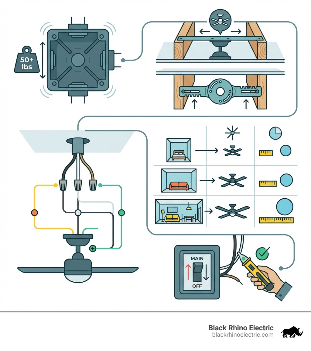 Infographic showing ceiling fan installation requirements: fan-rated electrical box supporting 50+ lbs, proper mounting to ceiling joists or fan brace, correct wire connections (black to black, white to white, ground to ground), fan sizing chart matching room square footage to blade span, and safety checklist including power shutoff and voltage testing - Ceiling fan installation Layton infographic 