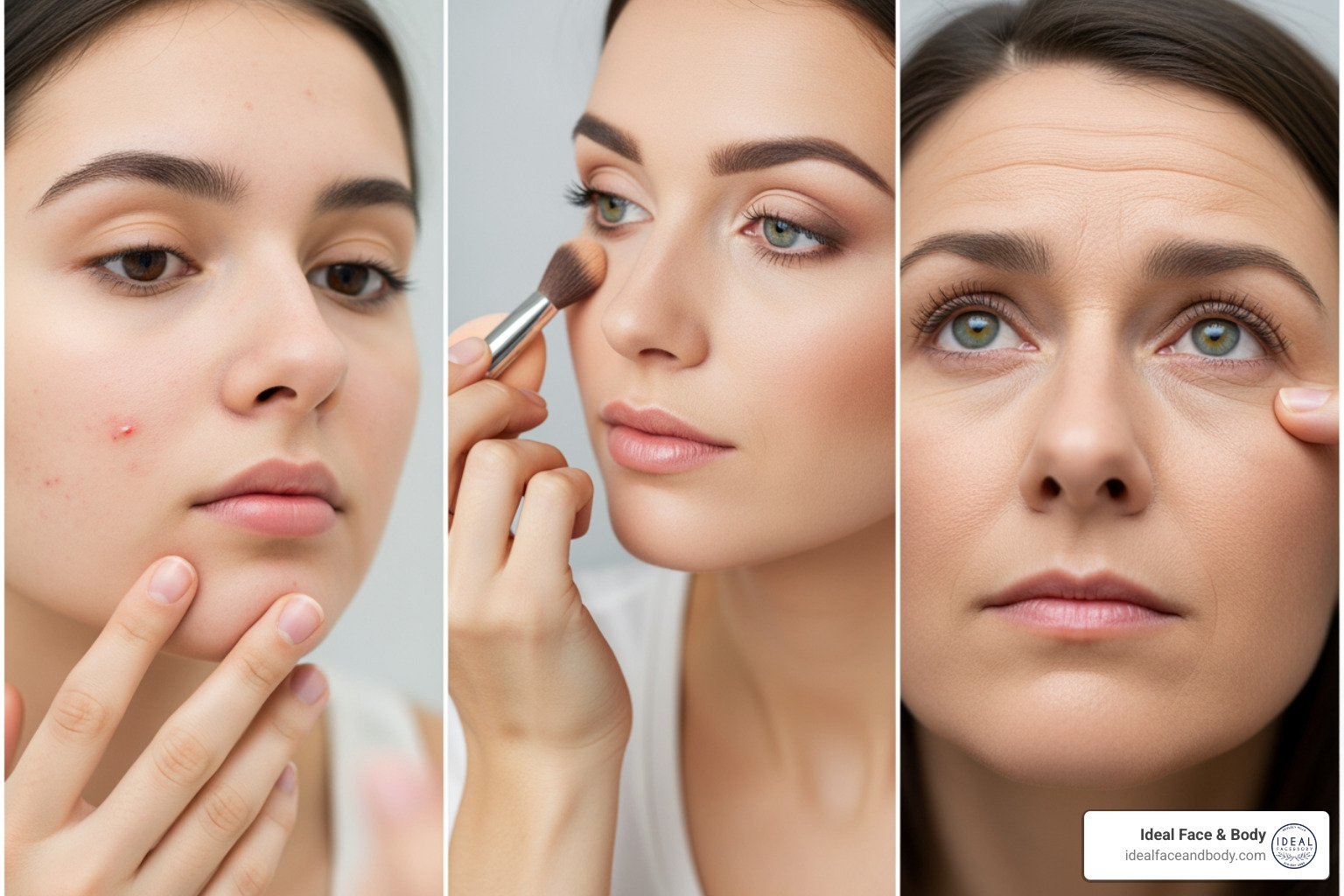 collage showing different beauty concerns: a person examining their skin for acne, another discussing makeup tips, and a third looking at fine lines - Online beauty consultation collage showing different beauty concerns: a person examining their skin for acne, another discussing makeup tips, and a third looking at fine lines - Online beauty consultation