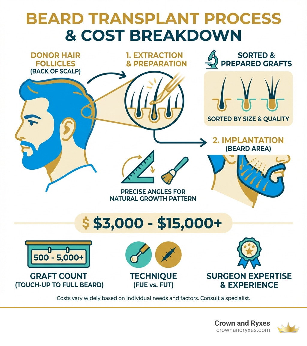 Infographic showing the beard transplant process: donor hair follicles extracted from back of scalp, prepared and sorted by size and quality, then implanted into beard area at precise angles for natural growth pattern, with cost breakdown showing $3,000-$15,000+ range based on graft count, technique, and surgeon expertise - hair transplant for beard cost infographic Infographic showing the beard transplant process: donor hair follicles extracted from back of scalp, prepared and sorted by size and quality, then implanted into beard area at precise angles for natural growth pattern, with cost breakdown showing $3,000-$15,000+ range based on graft count, technique, and surgeon expertise - hair transplant for beard cost infographic