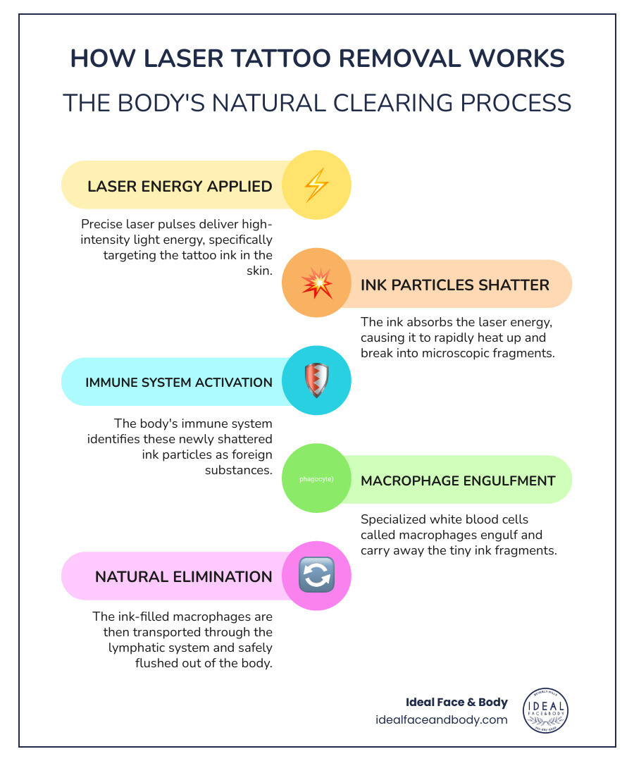 infographic showing laser beam targeting tattoo ink particles in skin layers, breaking them into smaller fragments, with immune system cells carrying away the debris through the lymphatic system - what are the best lasers for tattoo removal infographic infographic-line-5-steps-colors infographic showing laser beam targeting tattoo ink particles in skin layers, breaking them into smaller fragments, with immune system cells carrying away the debris through the lymphatic system - what are the best lasers for tattoo removal infographic infographic-line-5-steps-colors