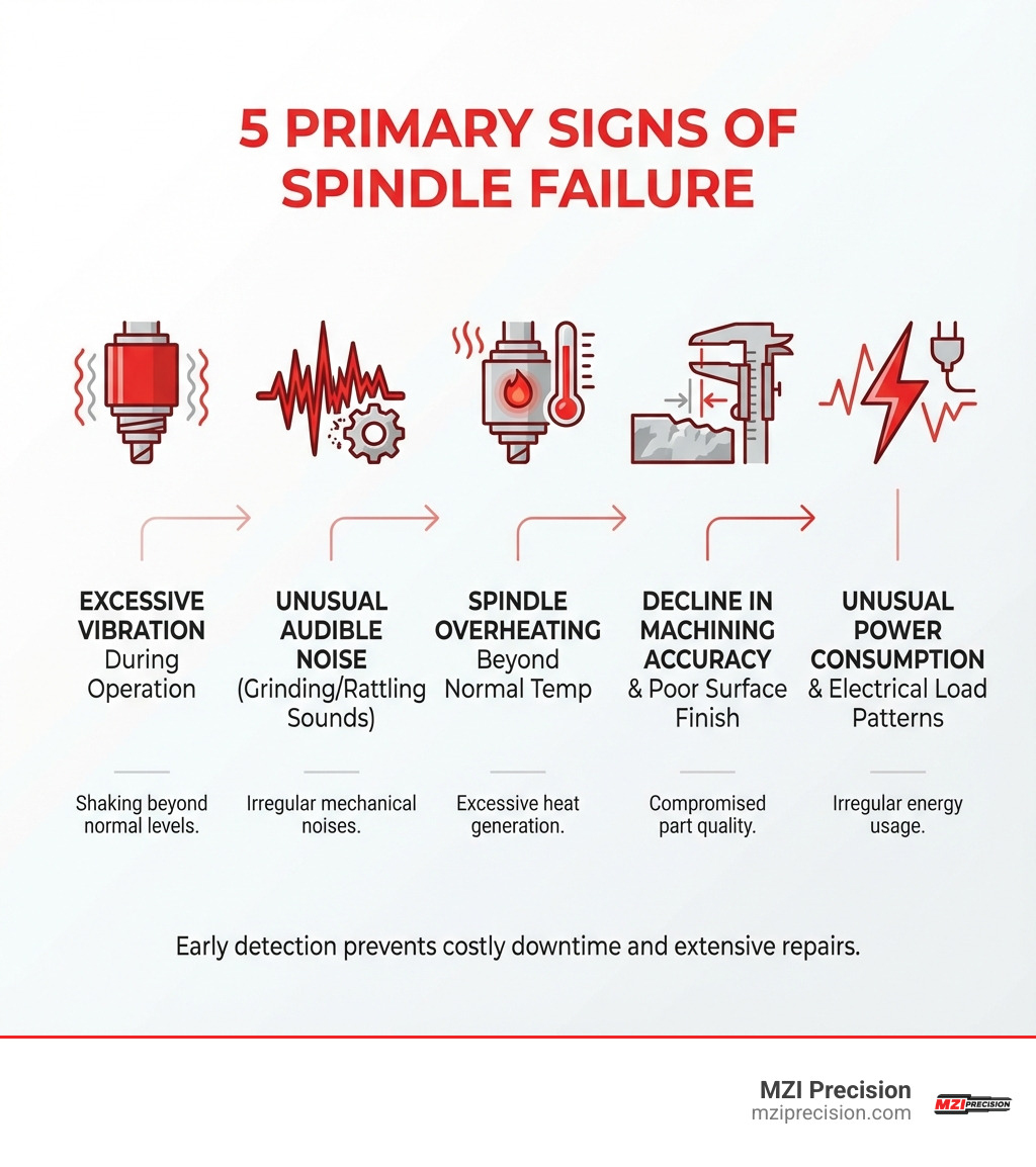 INFOGRAPHIC SHOWING THE 5 PRIMARY SIGNS OF SPINDLE FAILURE: EXCESSIVE VIBRATION DURING OPERATION, UNUSUAL AUDIBLE NOISE INCLUDING GRINDING OR RATTLING SOUNDS, SPINDLE OVERHEATING BEYOND NORMAL OPERATING TEMPERATURE, DECLINE IN MACHINING ACCURACY AND POOR SURFACE FINISH ON WORKPIECES, AND UNUSUAL POWER CONSUMPTION OR ELECTRICAL LOAD PATTERNS - SPINDLE ASSEMBLY REPAIR INFOGRAPHIC 