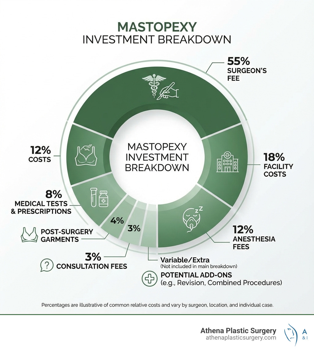 infographic showing the complete breakdown of mastopexy costs including surgeon fees, anesthesia fees, facility costs, medical tests, post-surgery garments, prescriptions, and consultation fees, with percentages showing how each component contributes to the total investment - average cost of mastopexy infographic 