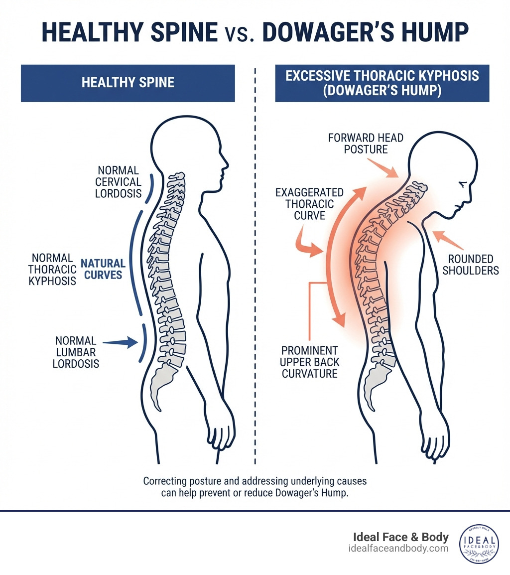 Infographic comparing a healthy spine with natural curves versus a spine with excessive thoracic kyphosis showing forward head posture, rounded shoulders, and prominent upper back curvature, with labels indicating normal cervical lordosis, thoracic kyphosis, and lumbar lordosis versus exaggerated thoracic curve - how to get rid of dowager's hump infographic Infographic comparing a healthy spine with natural curves versus a spine with excessive thoracic kyphosis showing forward head posture, rounded shoulders, and prominent upper back curvature, with labels indicating normal cervical lordosis, thoracic kyphosis, and lumbar lordosis versus exaggerated thoracic curve - how to get rid of dowager's hump infographic