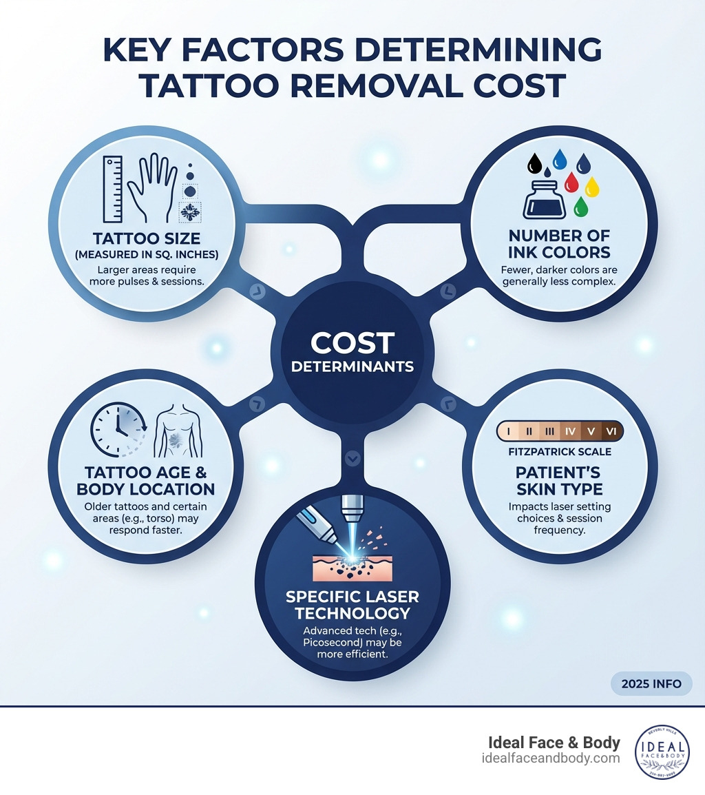 Infographic showing the key factors determining tattoo removal cost: tattoo size measured in square inches, number of ink colors present, tattoo age and body location, patient's skin type on the Fitzpatrick scale, and the specific laser technology used for treatment - tattoo removal cost laser infographic Infographic showing the key factors determining tattoo removal cost: tattoo size measured in square inches, number of ink colors present, tattoo age and body location, patient's skin type on the Fitzpatrick scale, and the specific laser technology used for treatment - tattoo removal cost laser infographic