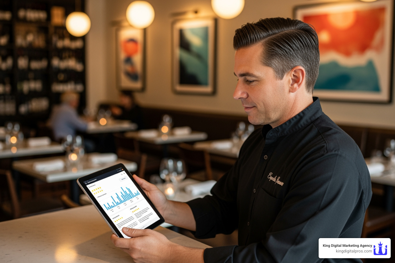 restaurant manager using a tablet to view a review management dashboard - restaurant review management restaurant manager using a tablet to view a review management dashboard - restaurant review management