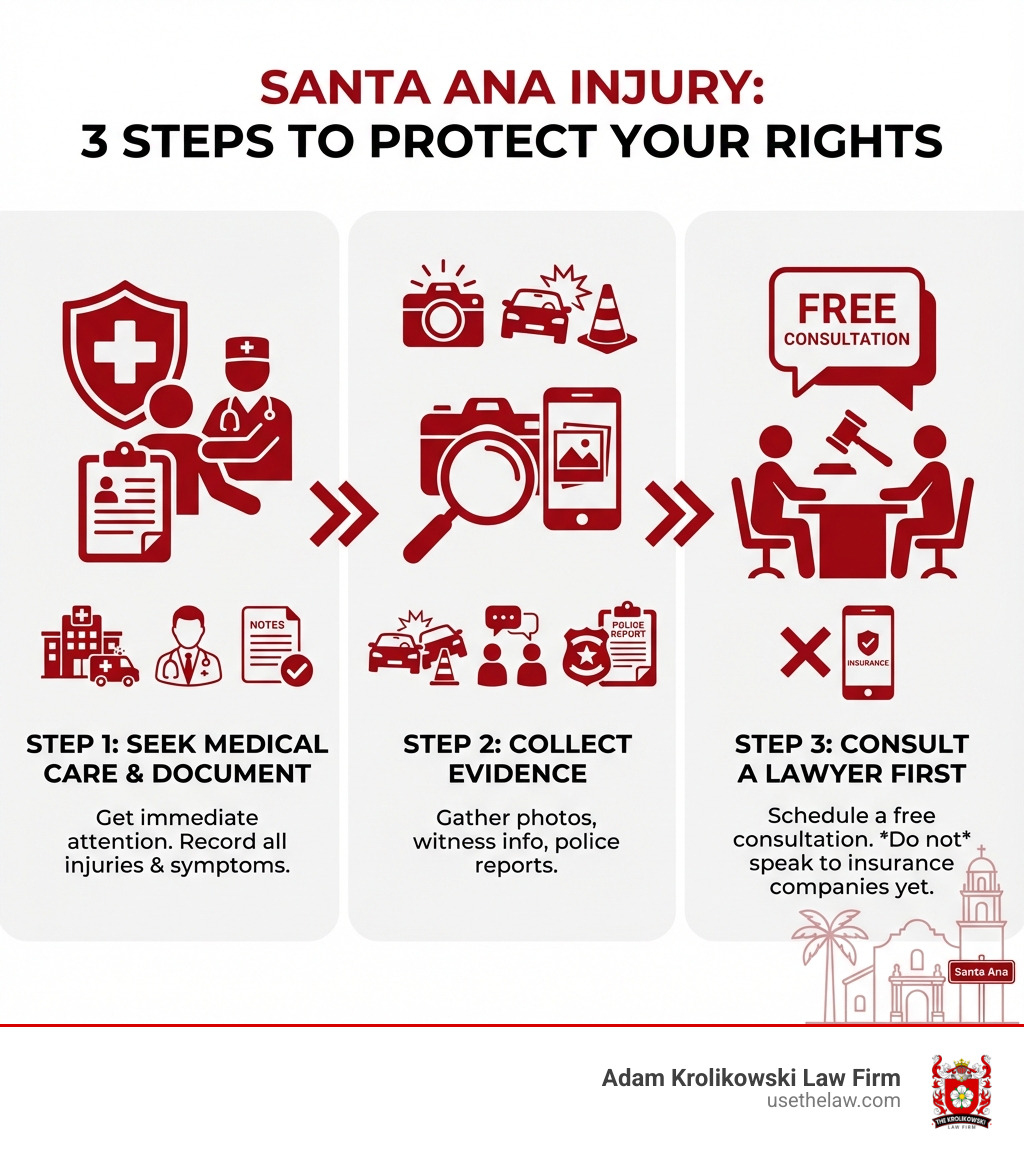 Infographic showing 3 main steps after an injury in Santa Ana: Step 1 - Seek immediate medical attention and document all injuries; Step 2 - Collect evidence including photos, witness information, and police reports; Step 3 - Schedule a free consultation with a personal injury lawyer before speaking to insurance companies - personal injury lawyer Santa Ana infographic Infographic showing 3 main steps after an injury in Santa Ana: Step 1 - Seek immediate medical attention and document all injuries; Step 2 - Collect evidence including photos, witness information, and police reports; Step 3 - Schedule a free consultation with a personal injury lawyer before speaking to insurance companies - personal injury lawyer Santa Ana infographic