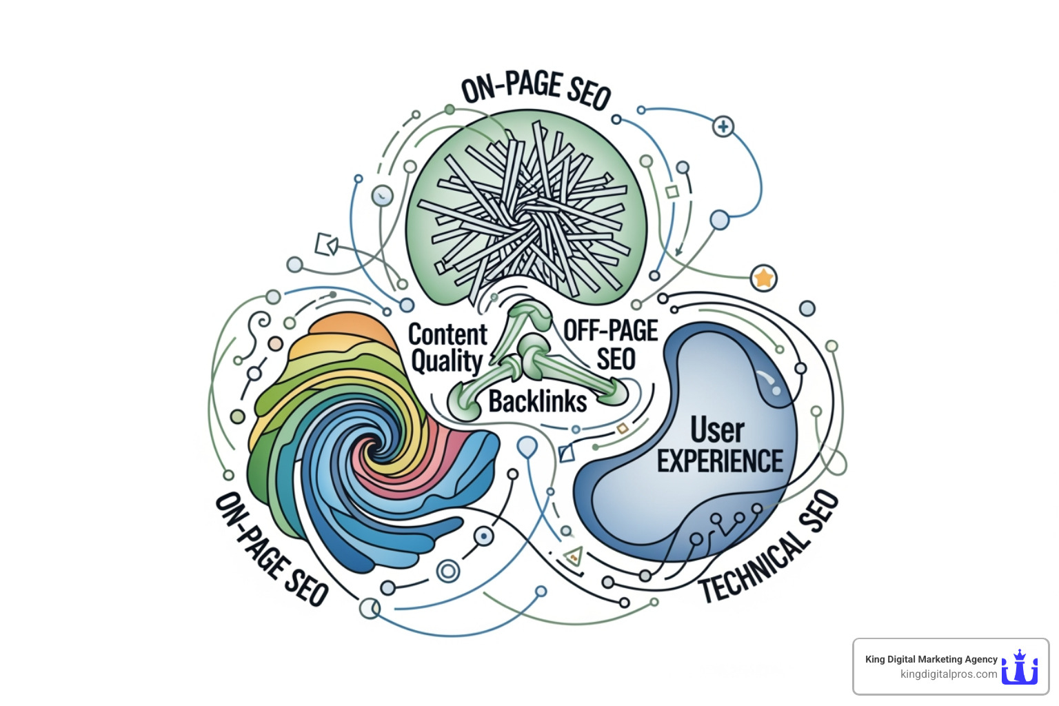 image illustrating the relationship between on-page, off-page, and technical SEO with content quality, backlinks, and user experience as central elements - First page Google image illustrating the relationship between on-page, off-page, and technical SEO with content quality, backlinks, and user experience as central elements - First page Google