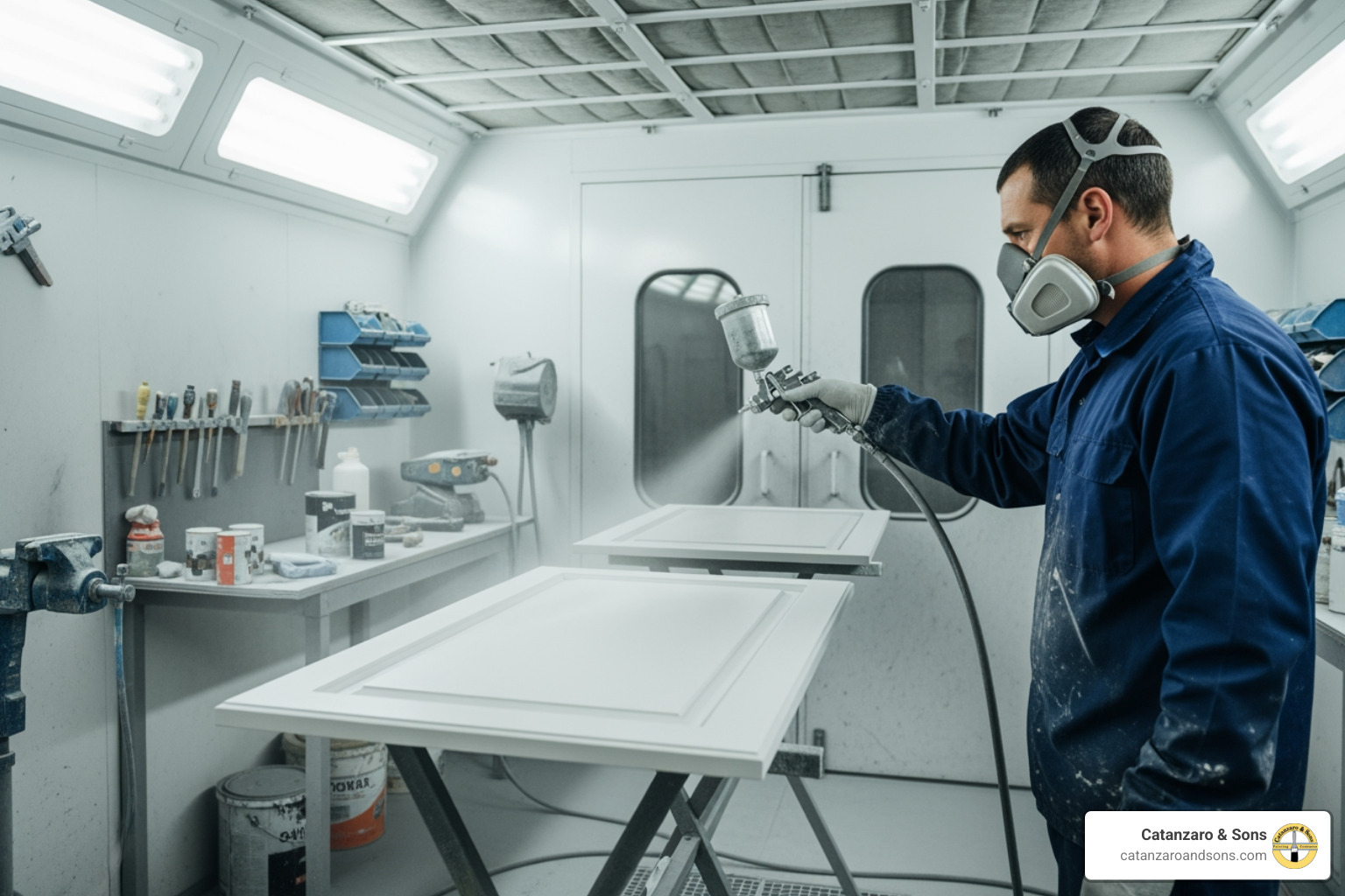 a painter carefully spraying a cabinet door in a dedicated spray shop - cabinet painting RI