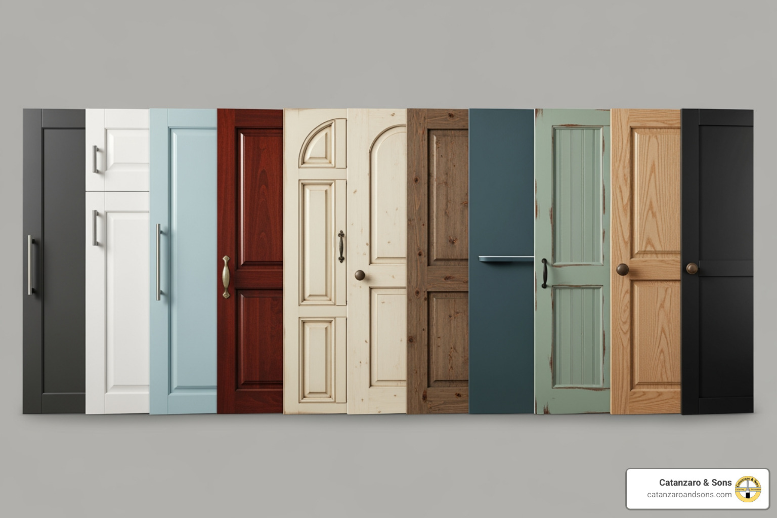 various cabinet doors showing different colors and finishes - cabinet painting RI
