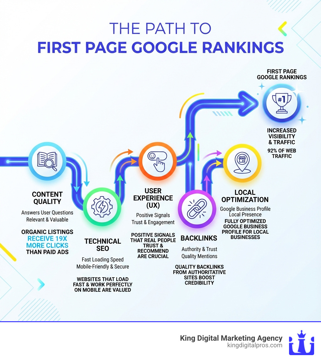 infographic showing the path to first page rankings including content quality, technical SEO, user experience, backlinks, and local optimization with statistics for each element - First page Google infographic infographic showing the path to first page rankings including content quality, technical SEO, user experience, backlinks, and local optimization with statistics for each element - First page Google infographic