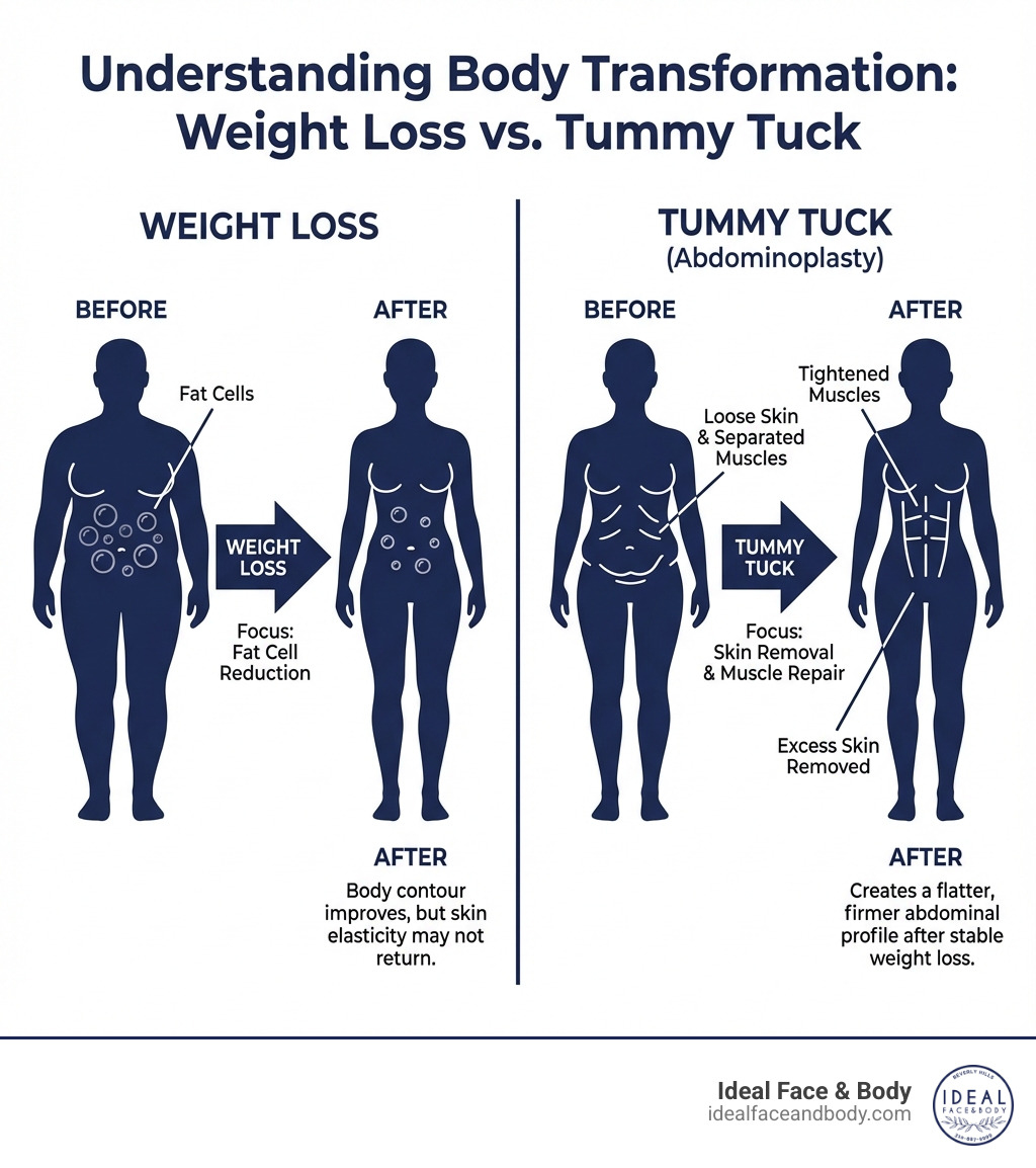 infographic showing weight loss removes fat cells while tummy tuck removes excess skin and tightens muscles, with before and after body silhouettes - Tummy tuck for weight loss infographic infographic showing weight loss removes fat cells while tummy tuck removes excess skin and tightens muscles, with before and after body silhouettes - Tummy tuck for weight loss infographic