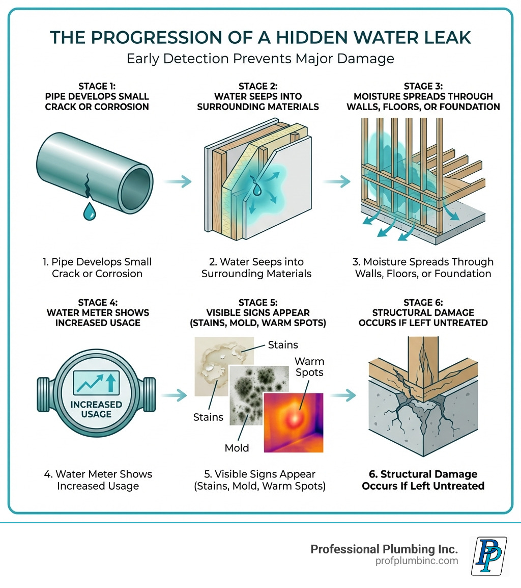 Infographic showing the progression of a hidden water leak: 1. Pipe develops small crack or corrosion 2. Water seeps into surrounding materials 3. Moisture spreads through walls, floors, or foundation 4. Water meter shows increased usage 5. Visible signs appear (stains, mold, warm spots) 6. Structural damage occurs if left untreated - leak detection Costa Mesa infographic 