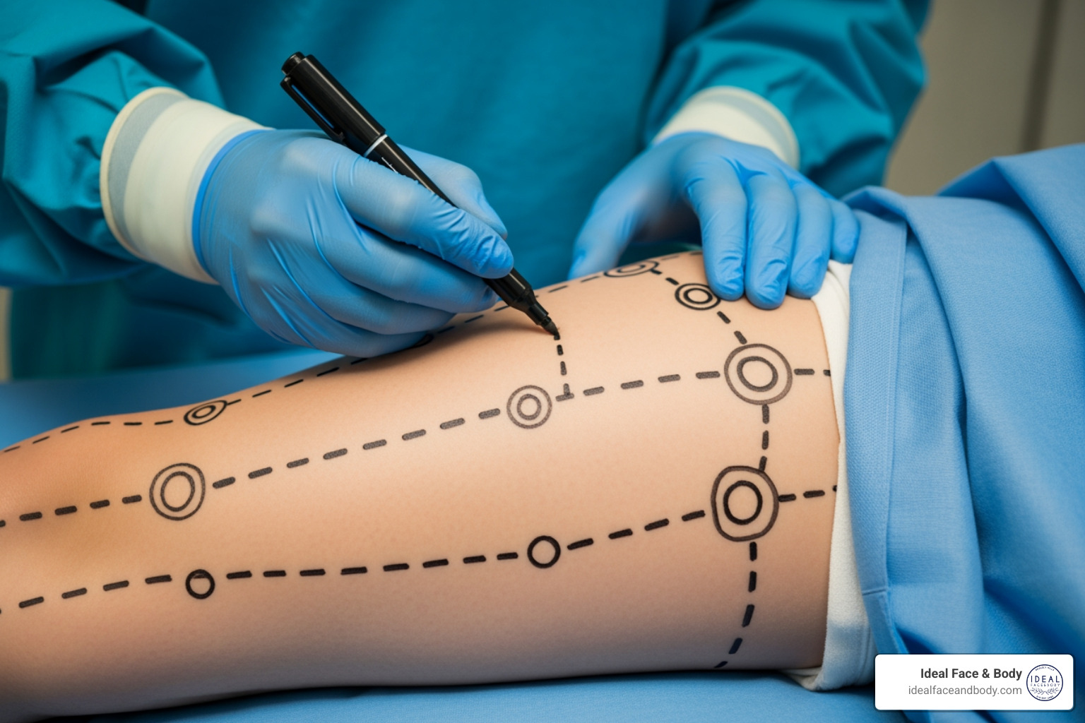 Surgeon marking treatment areas on patient's legs - leg vaser lipo Surgeon marking treatment areas on patient's legs - leg vaser lipo