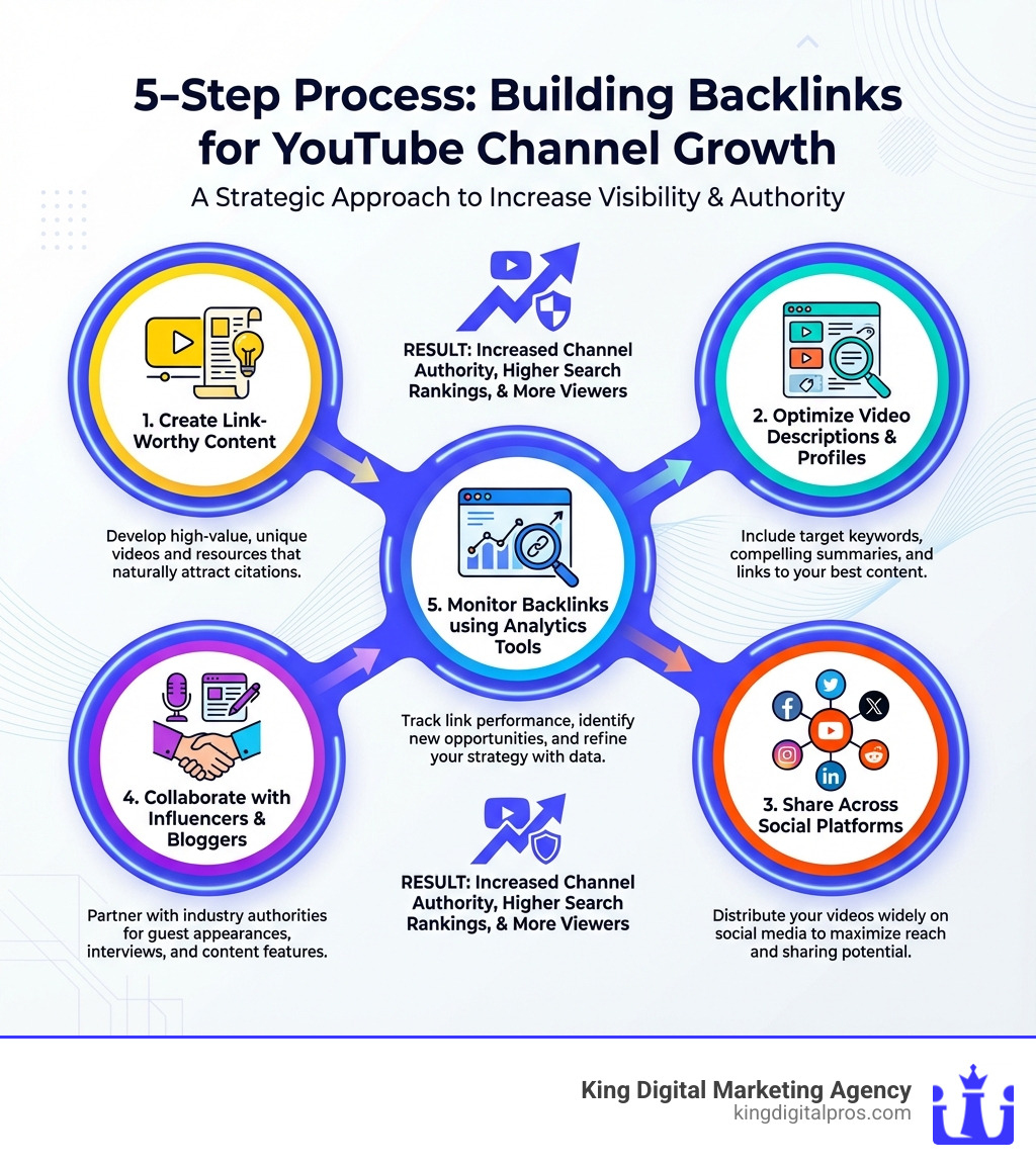 Infographic showing 5-step process: Create link-worthy content, Optimize video descriptions and profiles, Share across social platforms, Collaborate with influencers and bloggers, Monitor backlinks using analytics tools - backlinks for youtube channel infographic 