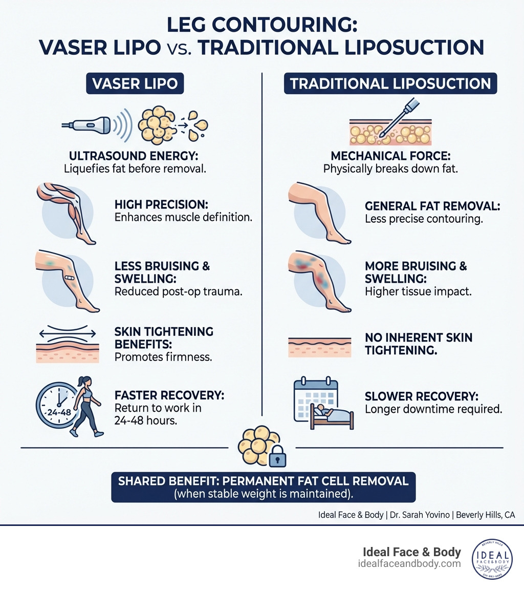 Infographic comparing VASER Lipo vs Traditional Liposuction showing key differences: VASER uses ultrasound energy to liquefy fat while traditional uses mechanical force; VASER offers more precision for muscle definition; VASER results in less bruising and swelling; VASER provides skin tightening benefits; VASER allows faster recovery with many returning to work within 24-48 hours; both permanently remove fat cells when weight is maintained - leg vaser lipo infographic Infographic comparing VASER Lipo vs Traditional Liposuction showing key differences: VASER uses ultrasound energy to liquefy fat while traditional uses mechanical force; VASER offers more precision for muscle definition; VASER results in less bruising and swelling; VASER provides skin tightening benefits; VASER allows faster recovery with many returning to work within 24-48 hours; both permanently remove fat cells when weight is maintained - leg vaser lipo infographic