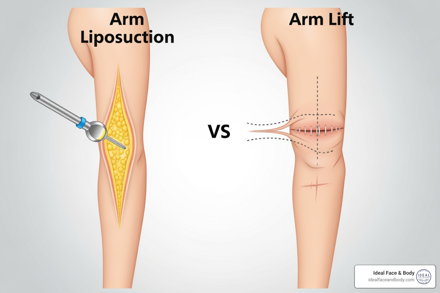 illustration showing arm liposuction removing fat cells from upper arm vs. arm lift removing loose skin - arm liposuction cost illustration showing arm liposuction removing fat cells from upper arm vs. arm lift removing loose skin - arm liposuction cost