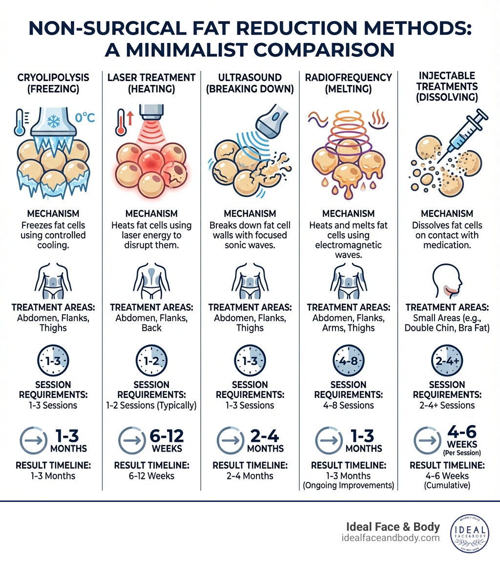 infographic comparing non-surgical fat reduction methods showing cryolipolysis freezing fat cells, laser treatment heating fat cells, ultrasound breaking down fat cell walls, radiofrequency melting fat with electromagnetic waves, and injectable treatments dissolving fat cells, with treatment areas, session requirements, and result timelines for each method - non surgical liposuction infographic infographic comparing non-surgical fat reduction methods showing cryolipolysis freezing fat cells, laser treatment heating fat cells, ultrasound breaking down fat cell walls, radiofrequency melting fat with electromagnetic waves, and injectable treatments dissolving fat cells, with treatment areas, session requirements, and result timelines for each method - non surgical liposuction infographic