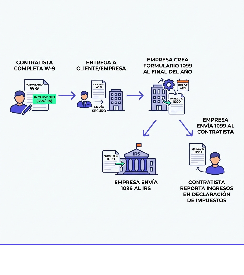 Infografía mostrando el flujo del Formulario W-9: contratista completo W-9 con TIN, entrega a cliente/empresa, empresa usa información para crear el Formulario 1099 al final del año, empresa envía 1099 al IRS y al contratista, contratista reporta ingresos en declaración de impuestos - como llenar la forma w9 infographic 