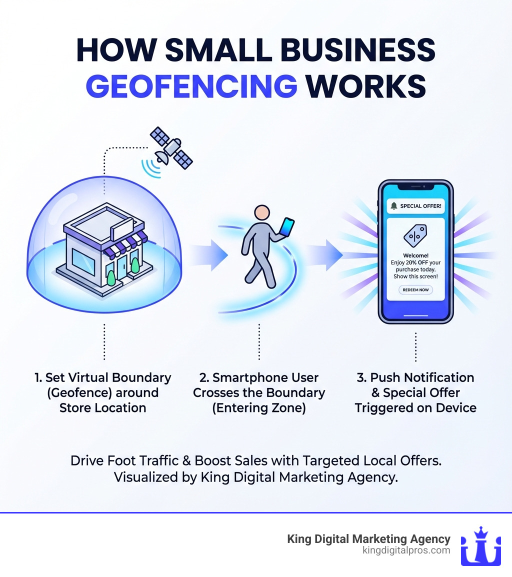 Infographic showing how geofencing works: a smartphone user crossing a virtual boundary around a store location, triggering a push notification with a special offer on their device screen - Small business geofencing infographic 