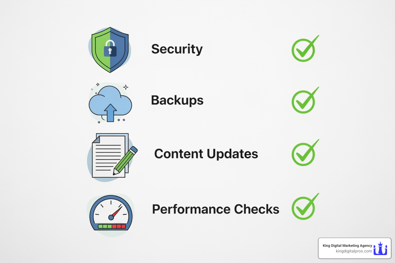 checklist with various website maintenance tasks - Website update service