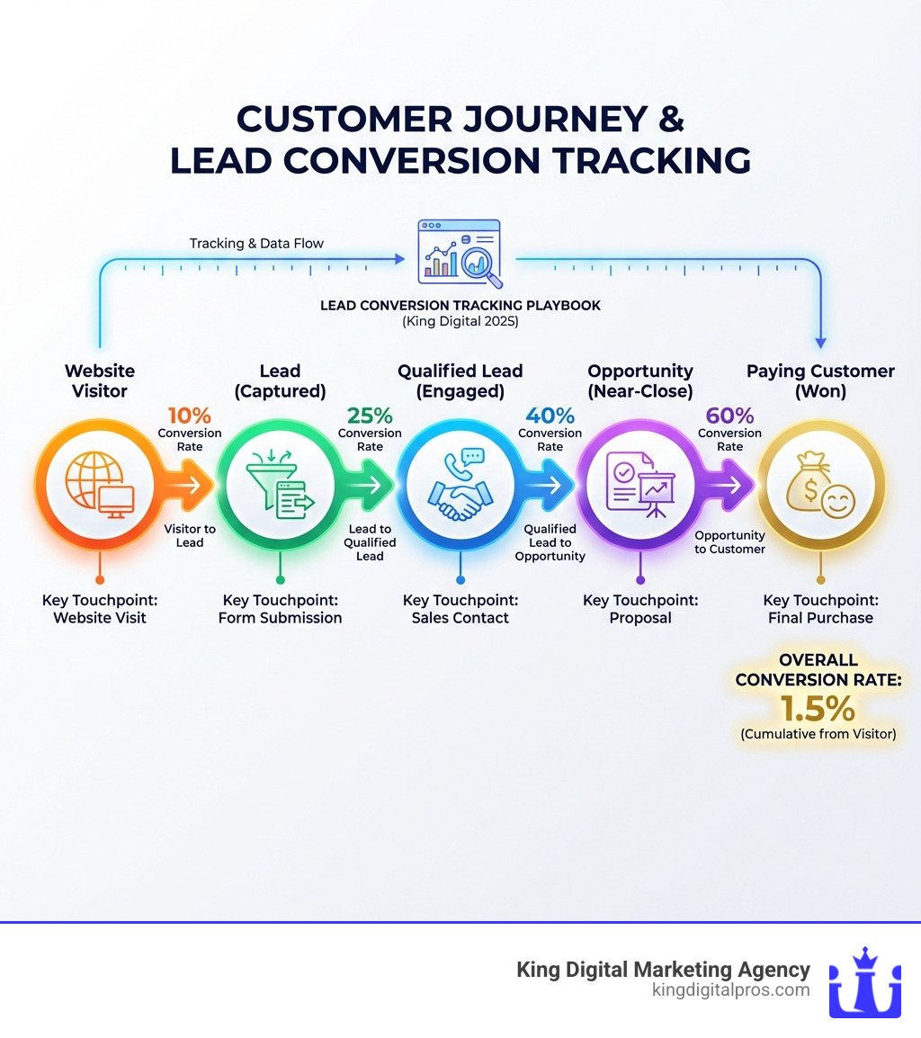 Detailed infographic showing the customer journey from website visitor through lead stages to paying customer, including key touchpoints like website visit, form submission, sales contact, proposal, and final purchase with conversion percentages at each stage - Lead conversion tracking infographic 