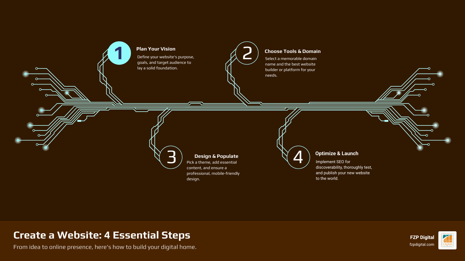 infographic showing essential website creation steps including planning goals, choosing domain name, selecting platform, designing with themes, adding content, optimizing for SEO, and launching - create a website infographic infographic-4-steps-tech infographic showing essential website creation steps including planning goals, choosing domain name, selecting platform, designing with themes, adding content, optimizing for SEO, and launching - create a website infographic infographic-4-steps-tech