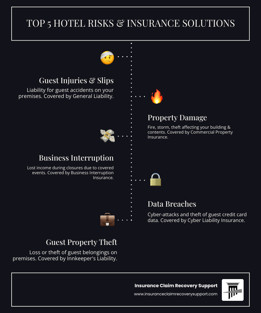 infographic explaining the top 5 risks hotels face and the corresponding insurance coverage - Hotel insurance policy infographic infographic-line-5-steps-dark