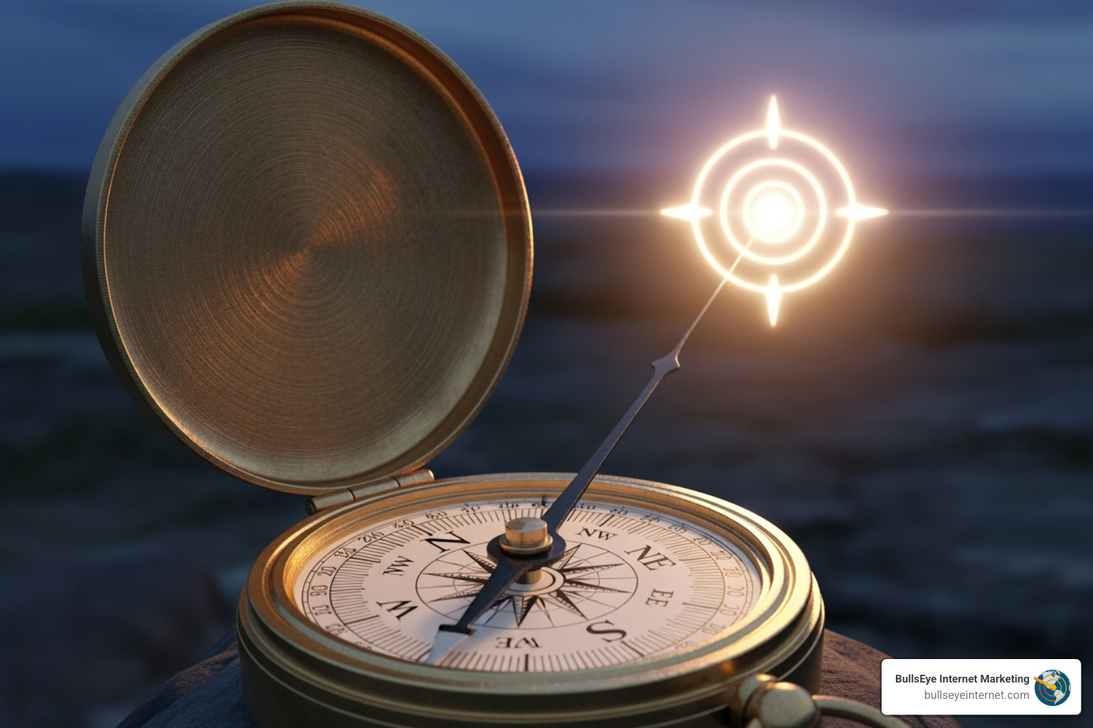 A compass pointing towards a clear target, symbolizing focus and direction in B2B marketing strategy - B2B startup marketing Compass with illuminated pointer, symbolizing strategic direction for B2B startup marketing, featuring BullsEye Internet Marketing logo.