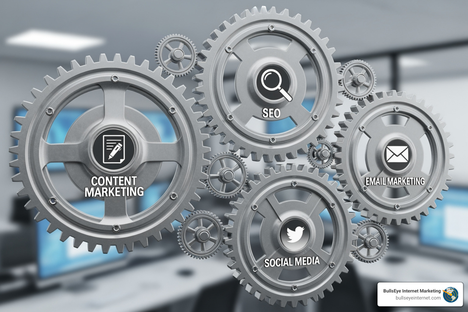 Interconnected gears labeled "Content," "SEO," "Social," and "Email" working together - B2B startup marketing Gears representing essential B2B marketing channels: content marketing, SEO, social media, and email marketing, emphasizing strategic digital marketing for startups.