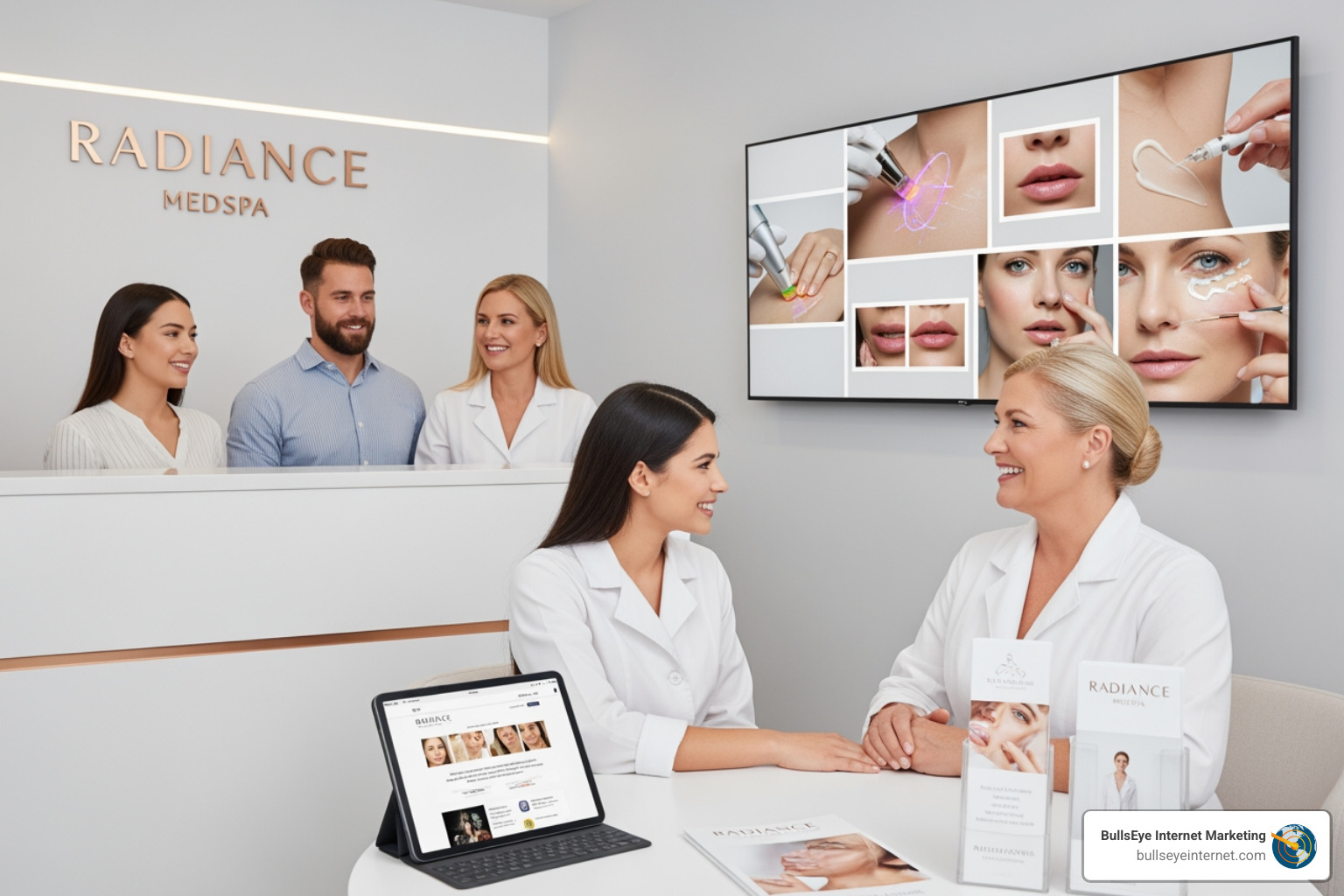 Reception area of Radiance Medspa featuring smiling staff in white coats, a man and two women at the front desk, and a tablet displaying aesthetic treatment options, emphasizing patient engagement and modern aesthetic services.