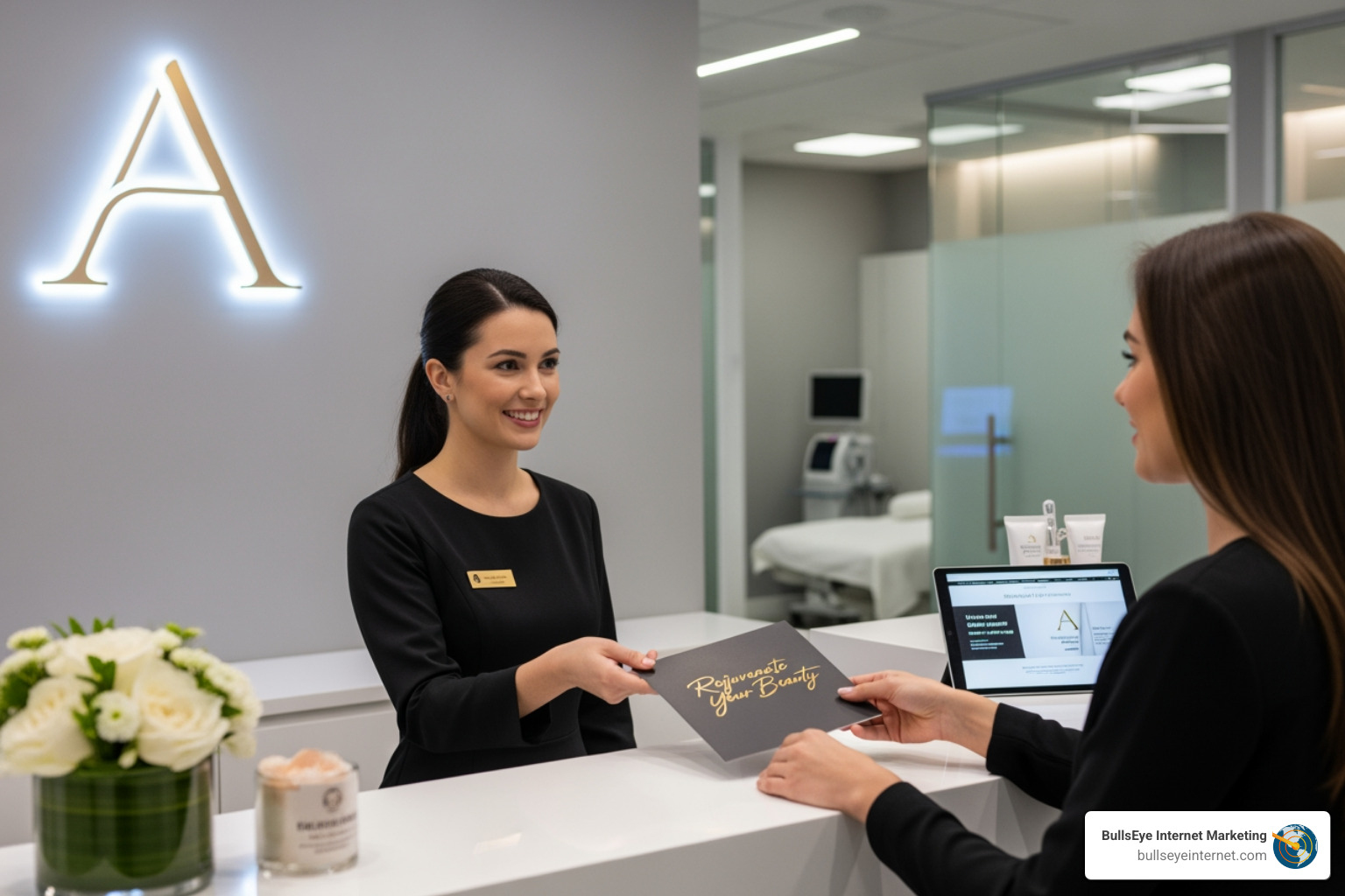Receptionist handing a branded card reading "Rejuvenate Your Beauty" to a client at an aesthetic clinic, showcasing a professional and welcoming environment for patient engagement and branding.