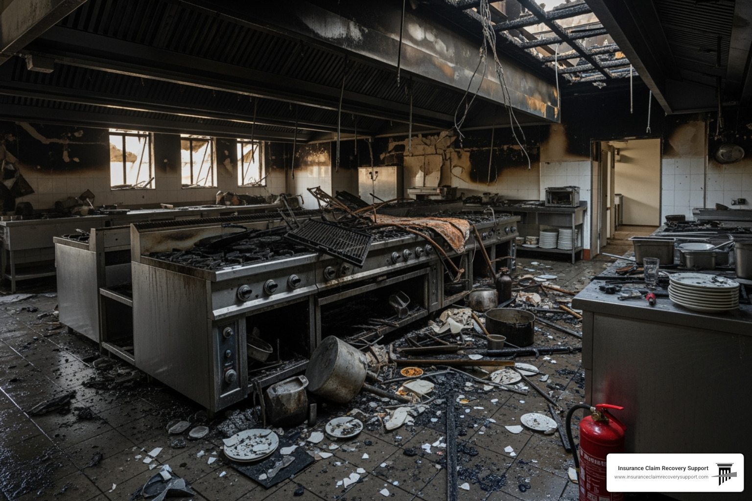 fire-damaged hotel kitchen - Hotel insurance policy