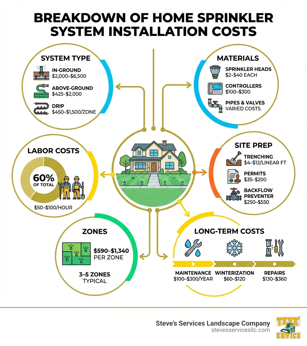 Infographic showing the breakdown of home sprinkler system installation costs: System Type (in-ground $2,000-$6,500, above-ground $425-$2,000, drip $450-$1,500/zone), Labor Costs (60% of total, $50-$100/hour), Zones ($590-$1,340 per zone, 3-5 zones typical), Materials (sprinkler heads $2-$40 each, controllers $100-$300, pipes and valves), Site Prep (trenching $4-$12/linear foot, permits $35-$200, backflow preventer $250-$550), and Long-term Costs (maintenance $100-$300/year, winterization $60-$120, repairs $130-$360) - cost of home sprinkler system installation infographic 