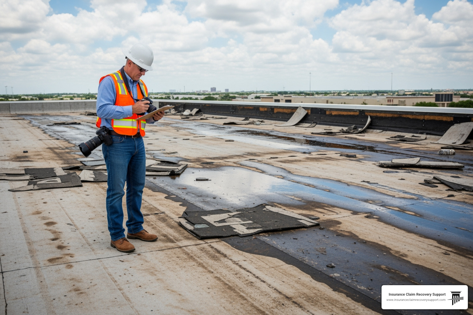 adjuster inspecting a damaged commercial roof - Insurance Claim Process Texas