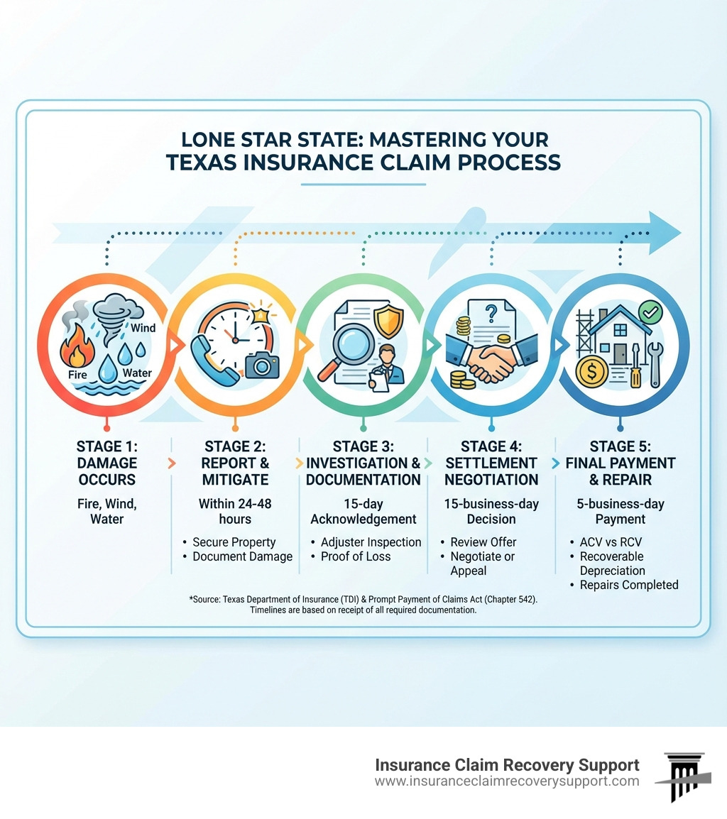 Infographic showing the 5 key stages of a Texas insurance claim: Stage 1 - Damage Occurs (fire, wind, water); Stage 2 - Report & Mitigate (within 24-48 hours, secure property, document damage); Stage 3 - Investigation & Documentation (15-day acknowledgement, adjuster inspection, proof of loss); Stage 4 - Settlement Negotiation (15-business-day decision, review offer, negotiate or appeal); Stage 5 - Final Payment & Repair (5-business-day payment, ACV vs RCV, recoverable depreciation, repairs completed) - Insurance Claim Process Texas infographic 