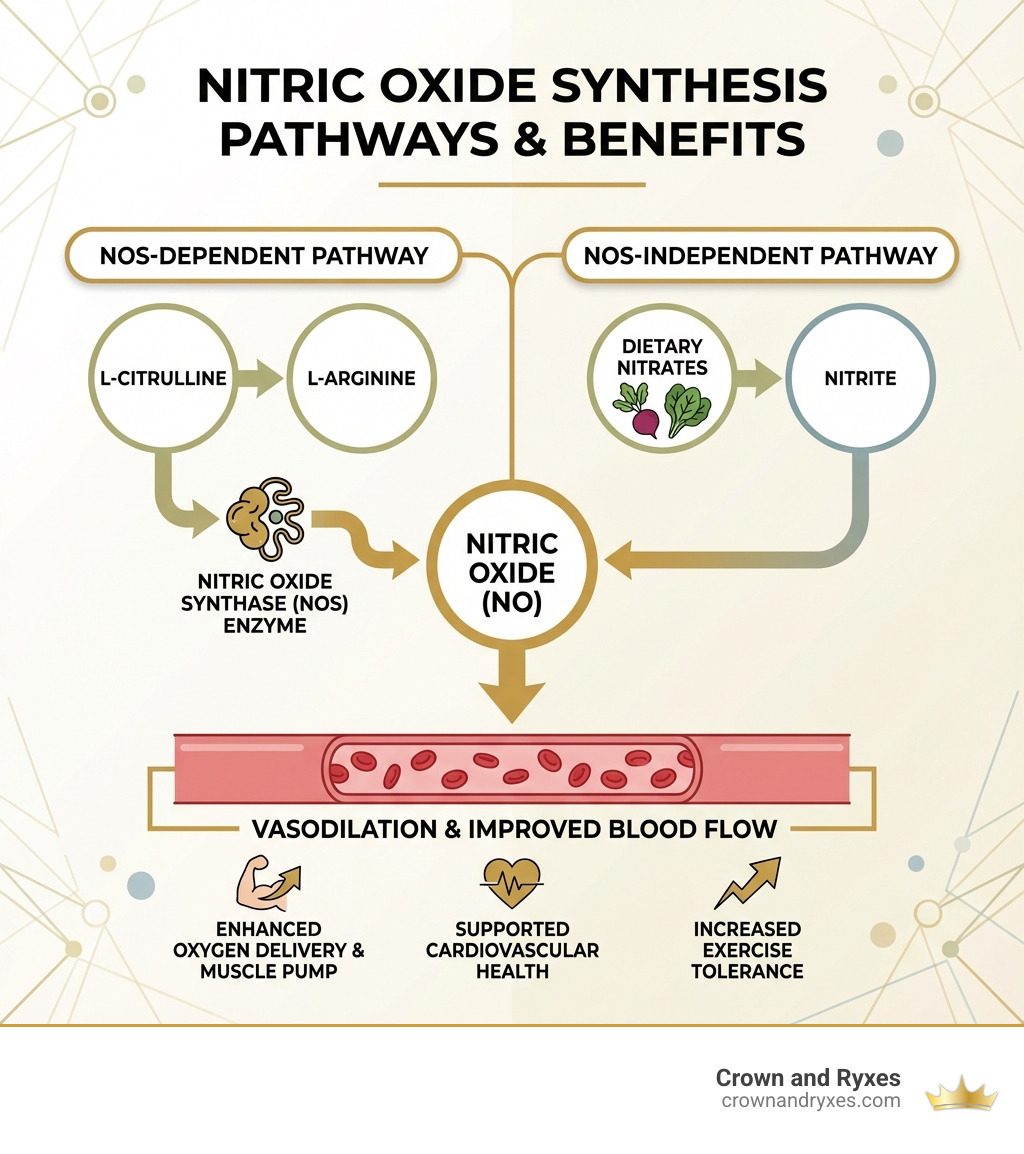 Infographic showing the nitric oxide synthesis pathways: NOS-dependent pathway converting L-arginine and L-citrulline to nitric oxide through nitric oxide synthase enzyme, and NOS-independent pathway converting dietary nitrates from beetroot and leafy greens to nitrite then nitric oxide, with both pathways leading to vasodilation and improved blood flow - best nitric oxide supplements infographic 