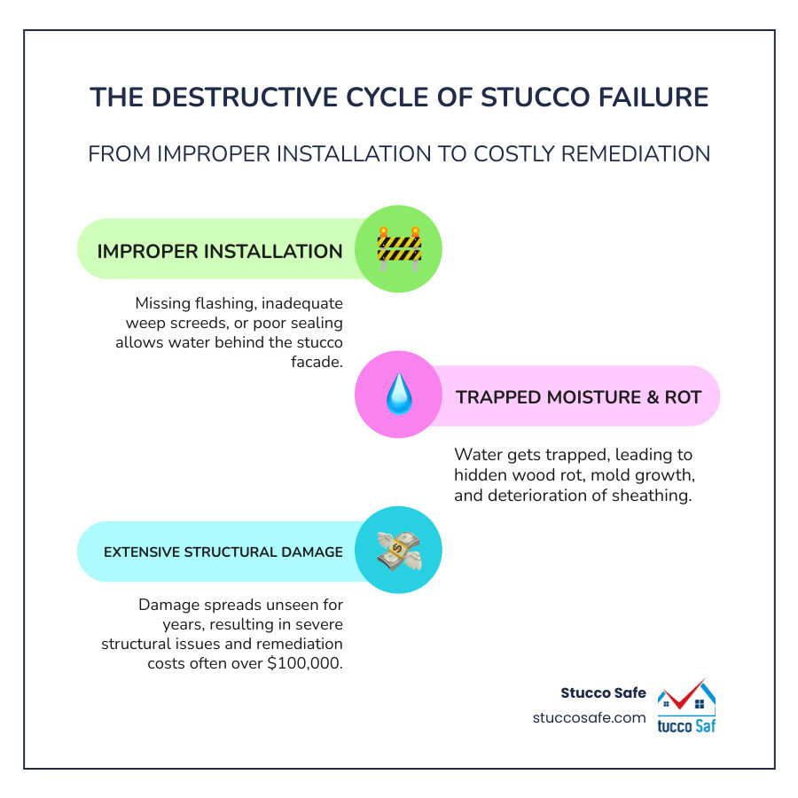 Infographic showing how improper stucco installation leads to moisture intrusion: missing flashing allows water behind stucco, trapped moisture causes wood rot and mold, structural damage spreads unseen, and remediation costs average $100,000+ - Chester County stucco inspections infographic infographic-line-3-steps-colors Infographic showing how improper stucco installation leads to moisture intrusion: missing flashing allows water behind stucco, trapped moisture causes wood rot and mold, structural damage spreads unseen, and remediation costs average $100,000+ - Chester County stucco inspections infographic infographic-line-3-steps-colors
