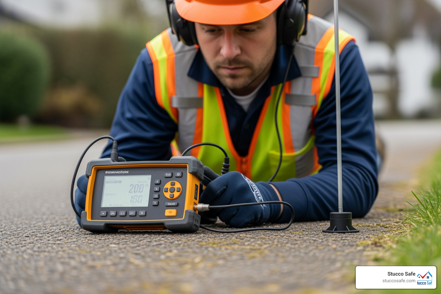 Technician using acoustic listening equipment - how to find a water leak underground Technician using acoustic listening equipment - how to find a water leak underground