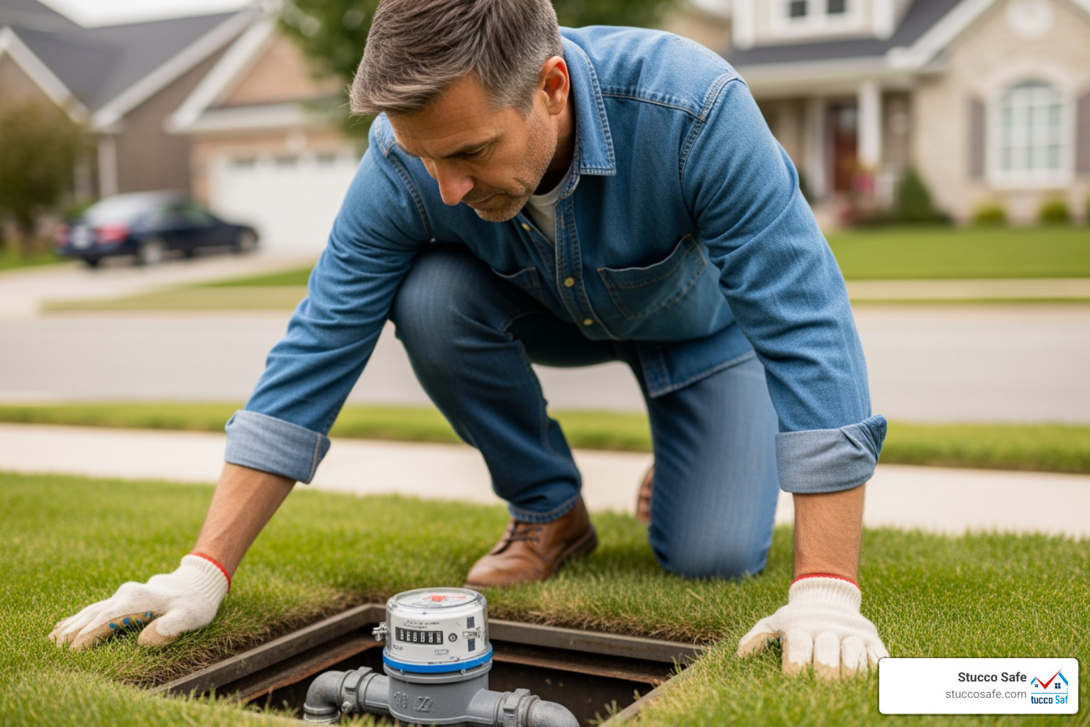 Homeowner checking water meter - how to find a water leak underground Homeowner checking water meter - how to find a water leak underground